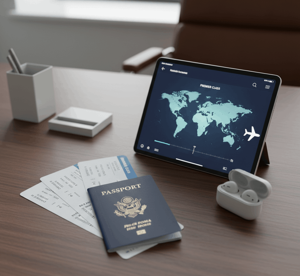 Luxury international business and first class air travel experience